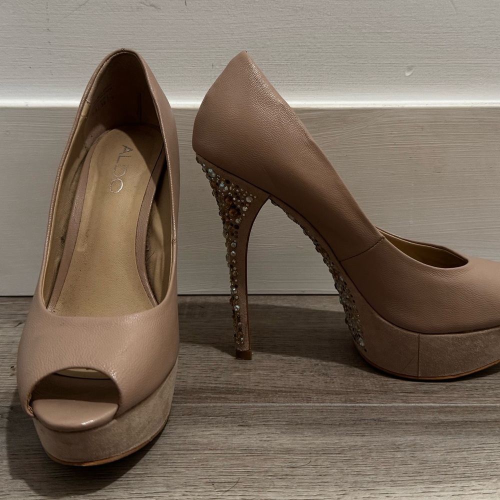 Aldo Women's Peep Toe Heels - Nude with Embellished Heel